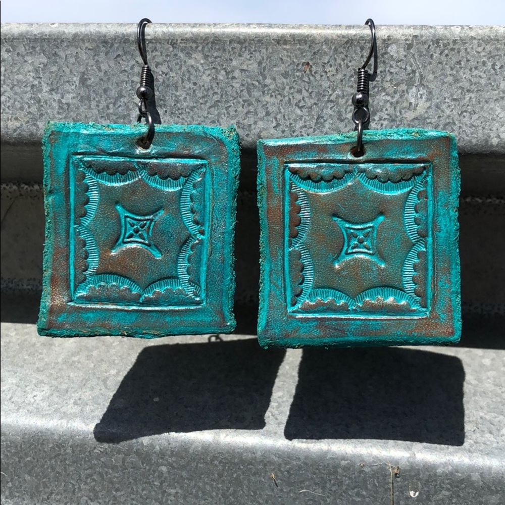 Handmade Turquoise Tooled Leather Earrings ✨